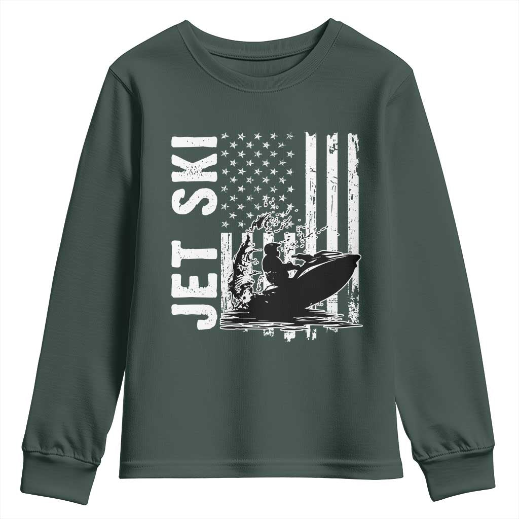 Jet Ski Lover Youth Sweatshirt Vintage Ski Rider American Flag Water Sport TS11 Dark Forest Green Print Your Wear