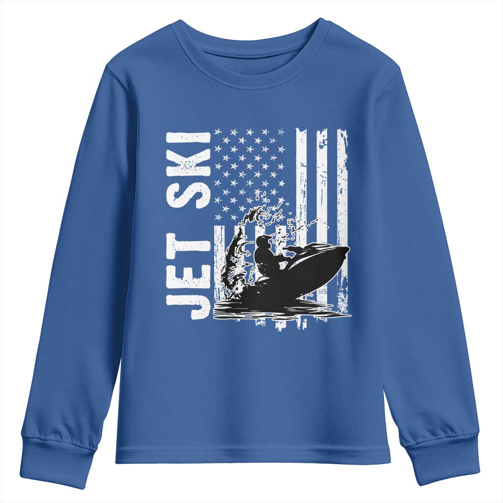 Jet Ski Lover Youth Sweatshirt Vintage Ski Rider American Flag Water Sport TS11 Royal Blue Print Your Wear