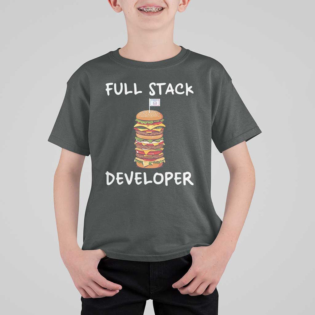 Funny Programmer T Shirt For Kid Full Stack Developer Computer Science Hamburger TS11 Dark Heather Print Your Wear