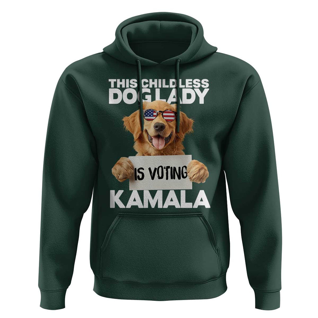 This Childless Dog Lady Is Voting Kamala Hoodie Election Vote Patriotic 2024 Goldlen Sunglasses TS11 Dark Forest Green Print Your Wear