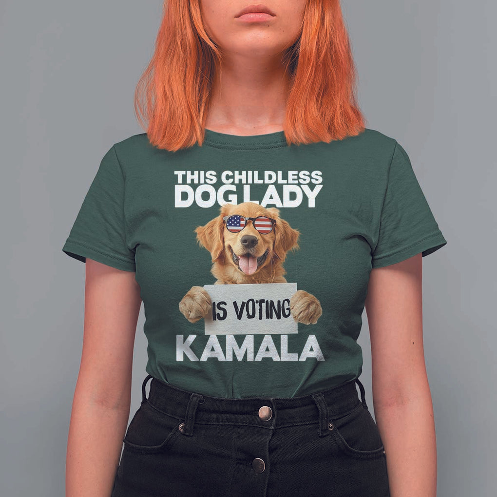 This Childless Dog Lady Is Voting Kamala T Shirt For Women Election Vote Patriotic 2024 Goldlen Sunglasses TS11 Dark Forest Green Print Your Wear