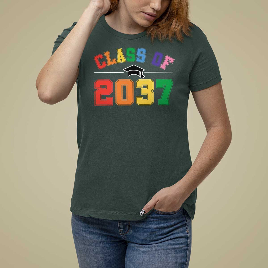 Class Of 2037 T Shirt For Women Grow With Me First Day of School Graduation Mortarboard TS11 Dark Forest Green Print Your Wear