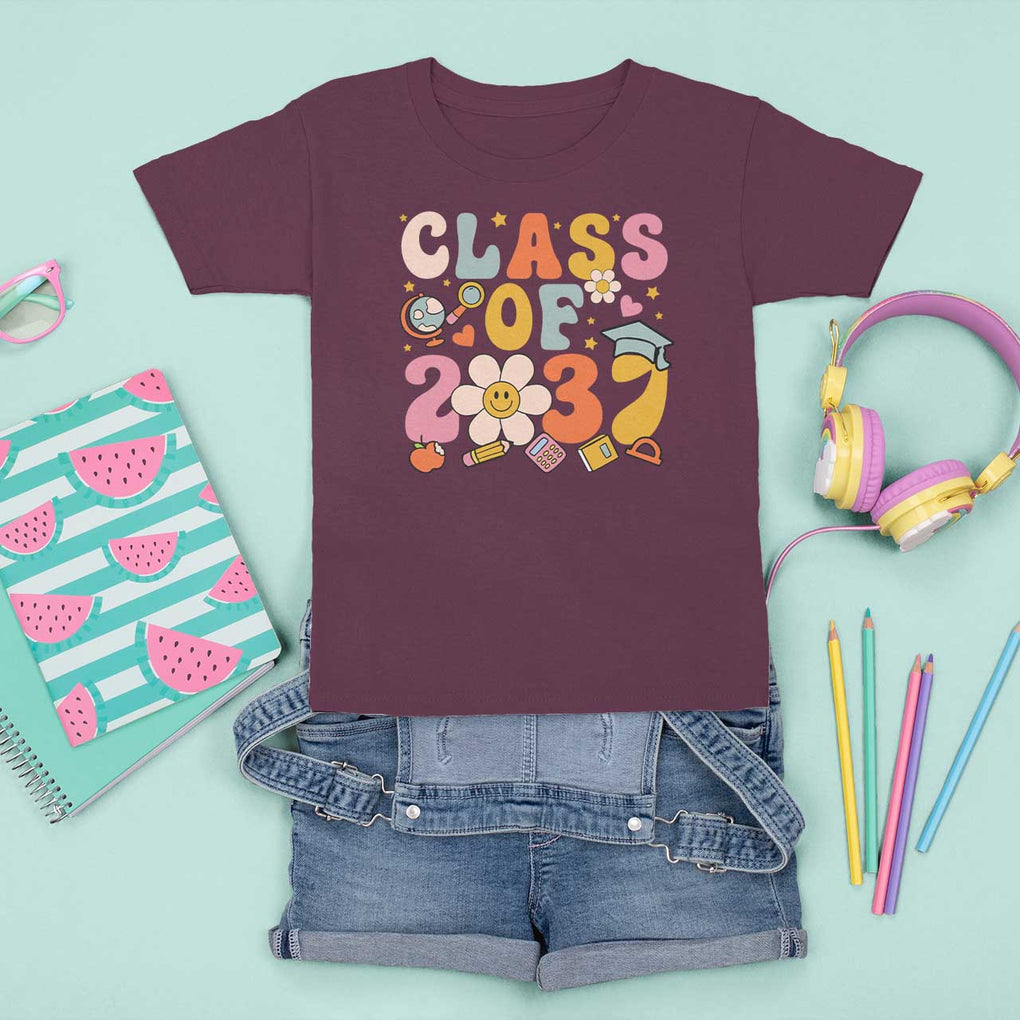 Class Of 2037 T Shirt For Kid Back To School Retro Groove Flower Pencil Apple TS11 Maroon Print Your Wear