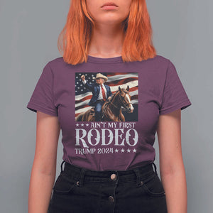 Funny Ain't My First Rodeo Trump 2024 T Shirt For Women Western Cowboy American Flag TS11 Maroon Print Your Wear