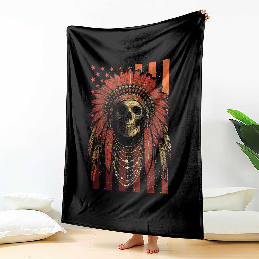 Native American Indian Chief Skull Headdress Vintage USA Flag Throw Blanket TS11 Print Your Wear