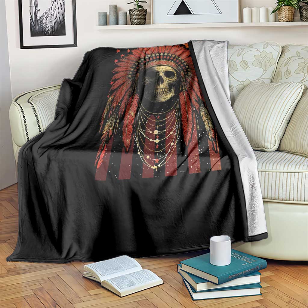 Native American Indian Chief Skull Headdress Vintage USA Flag Throw Blanket TS11 Print Your Wear