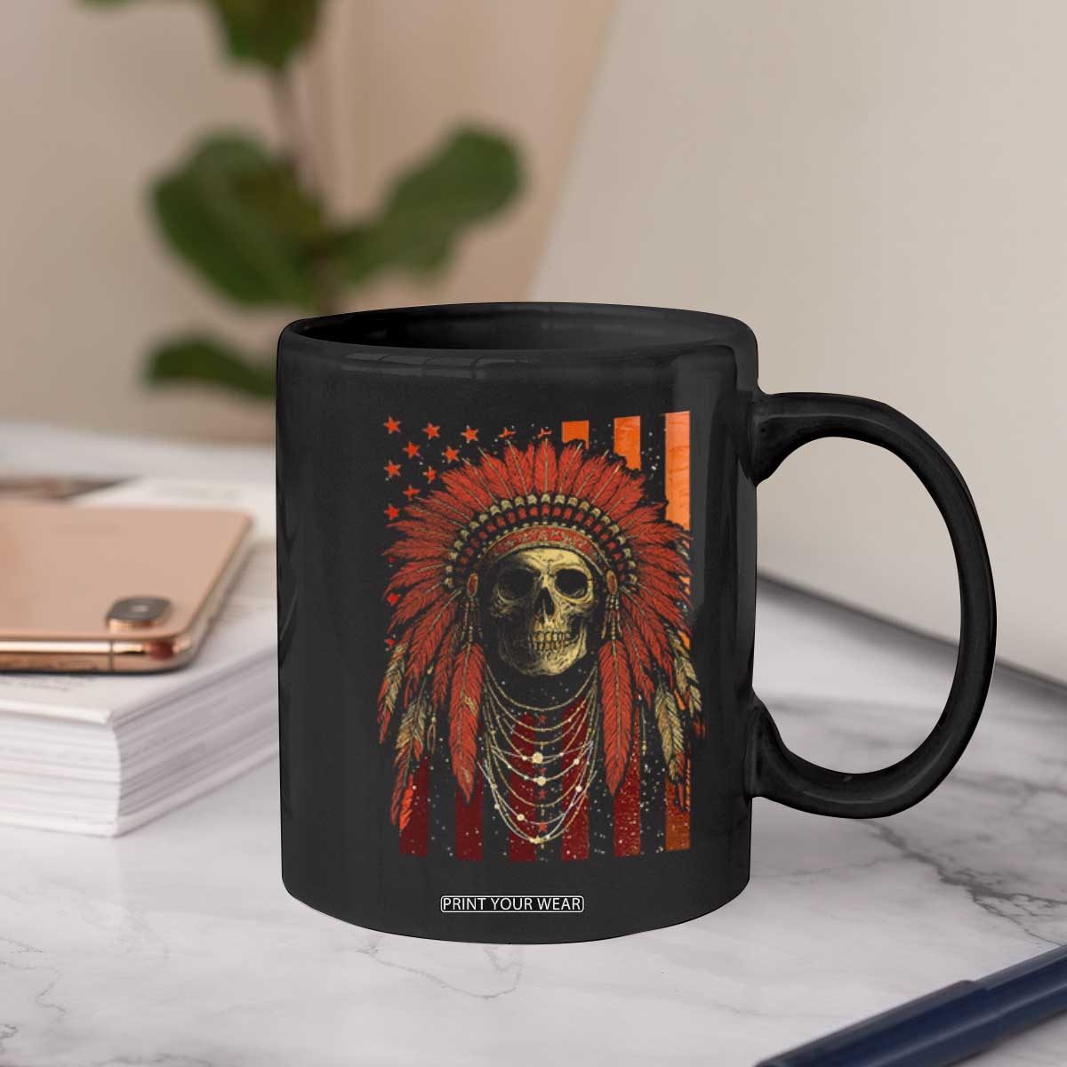 Native American Indian Chief Skull Headdress Vintage USA Flag Coffee Mug TS11 Print Your Wear
