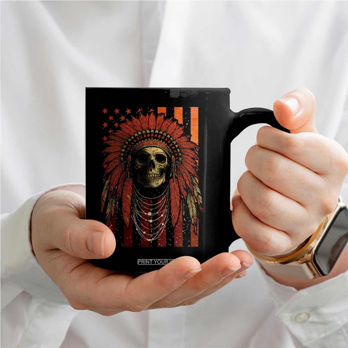 Native American Indian Chief Skull Headdress Vintage USA Flag Coffee Mug TS11 Print Your Wear