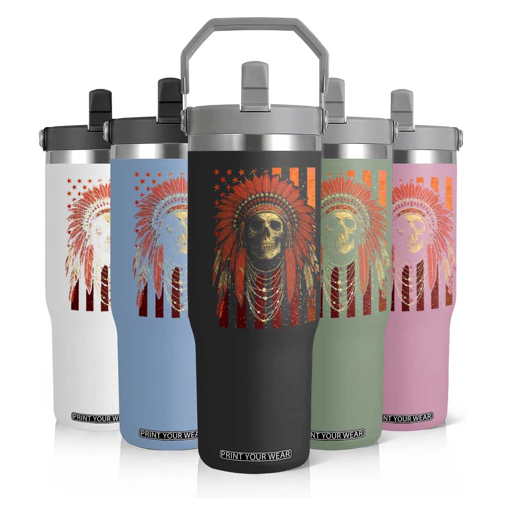 Native American Indian Chief Skull Headdress Vintage USA Flag Flip Straw Tumbler TS11 Print Your Wear