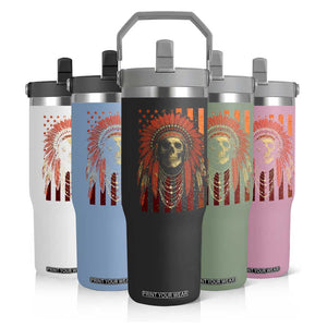 Native American Indian Chief Skull Headdress Vintage USA Flag Flip Straw Tumbler TS11 Print Your Wear