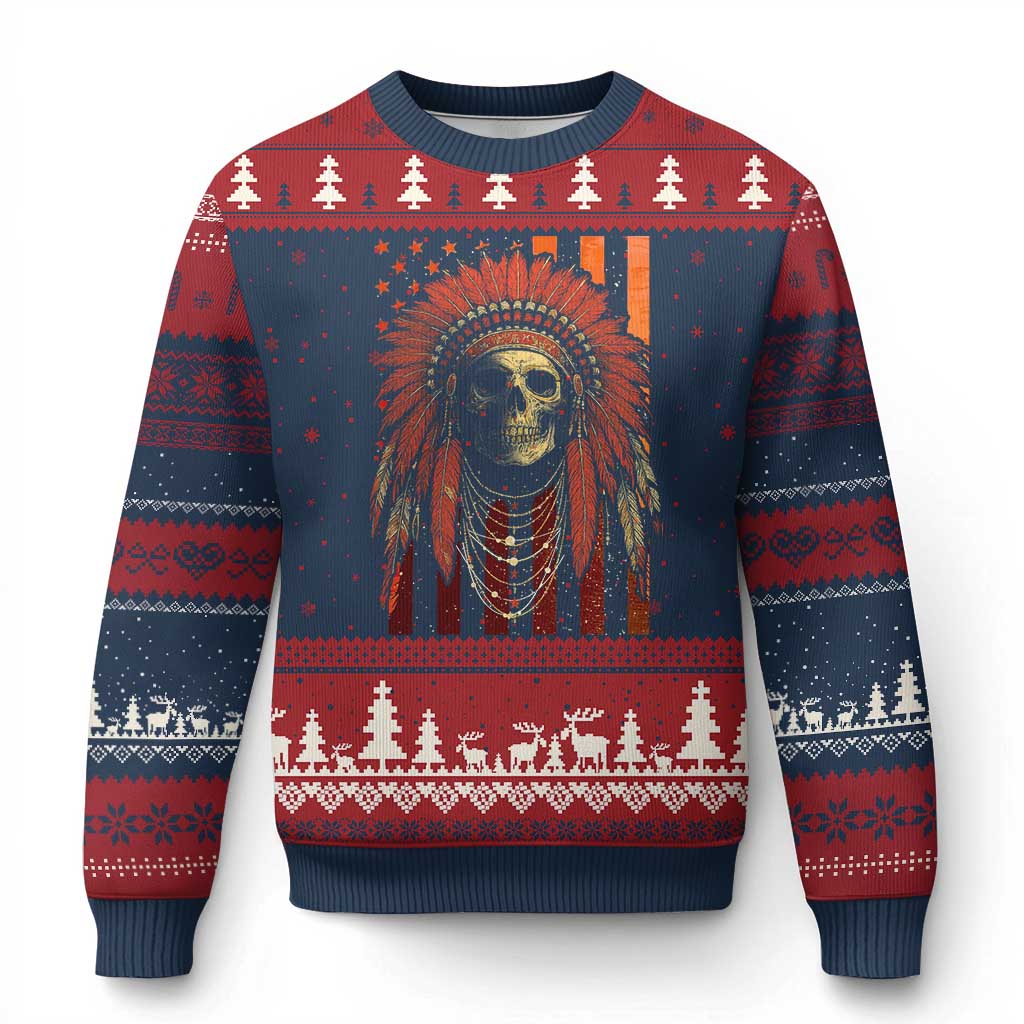 Native American Indian Chief Skull Headdress Vintage USA Flag Ugly Christmas Sweater - Print Your Wear
