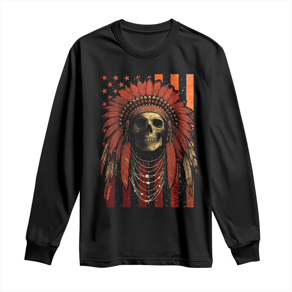 Native American Indian Chief Skull Headdress Vintage USA Flag Long Sleeve Shirt TS11 Black Print Your Wear