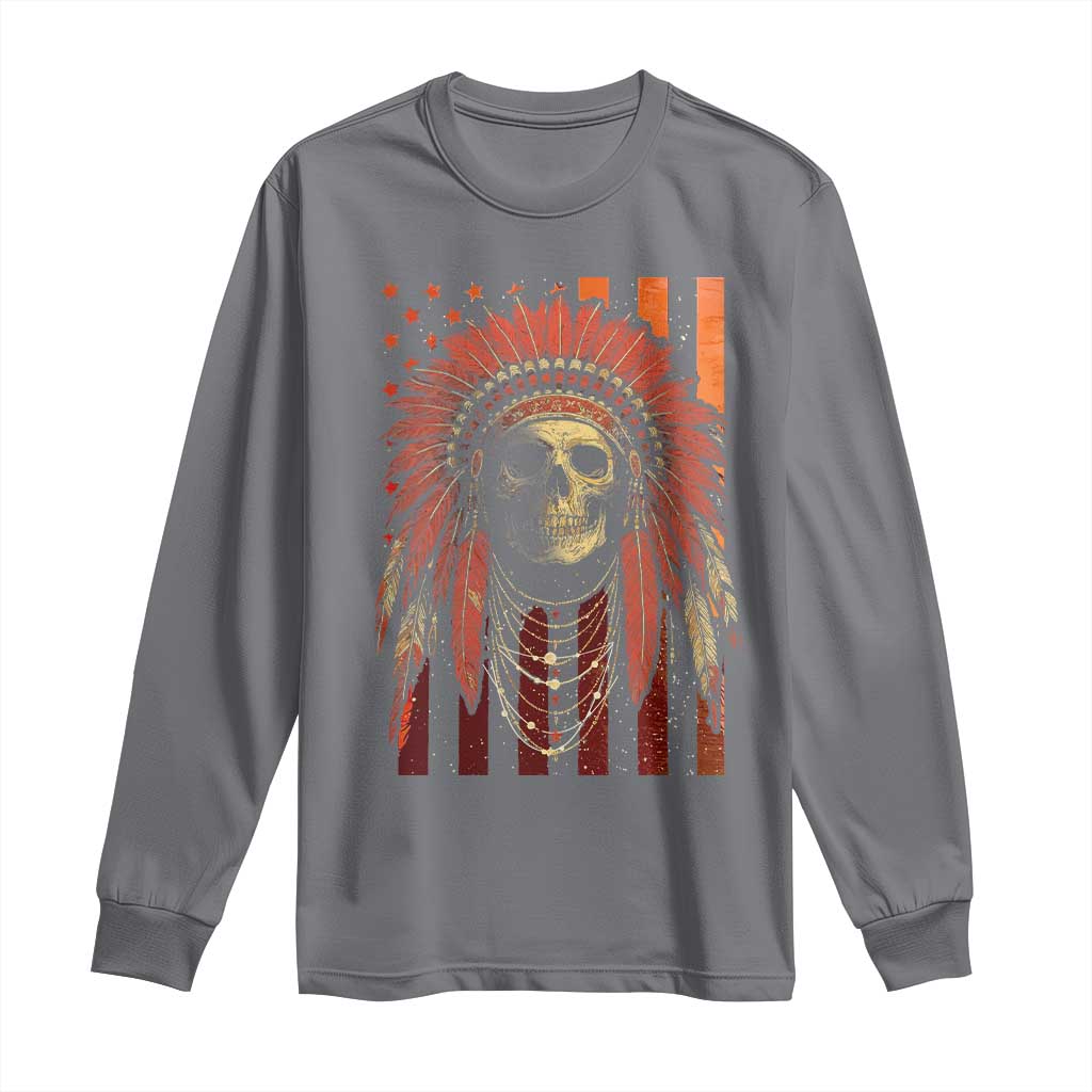 Native American Indian Chief Skull Headdress Vintage USA Flag Long Sleeve Shirt TS11 Charcoal Print Your Wear