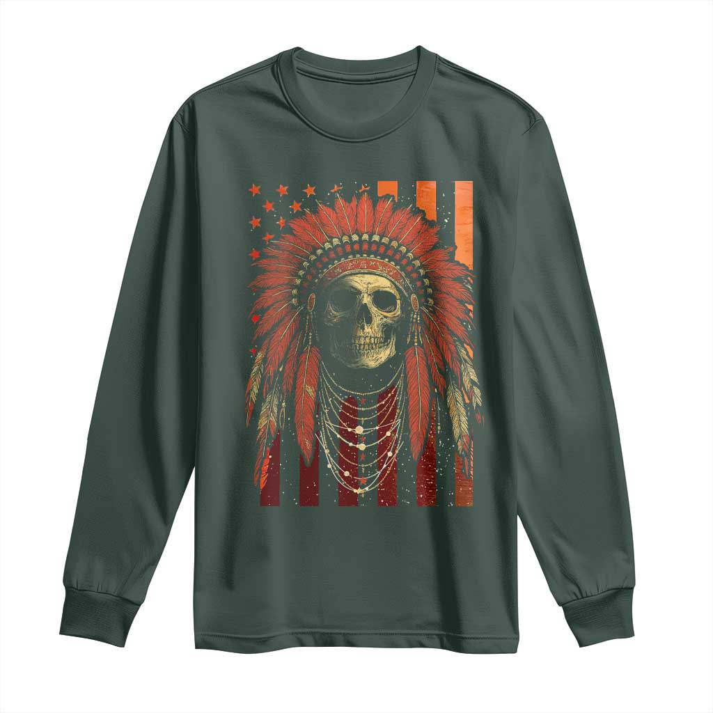 Native American Indian Chief Skull Headdress Vintage USA Flag Long Sleeve Shirt TS11 Dark Forest Green Print Your Wear