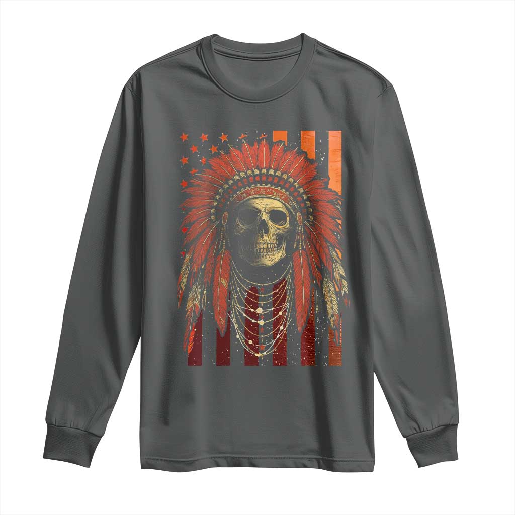 Native American Indian Chief Skull Headdress Vintage USA Flag Long Sleeve Shirt TS11 Dark Heather Print Your Wear