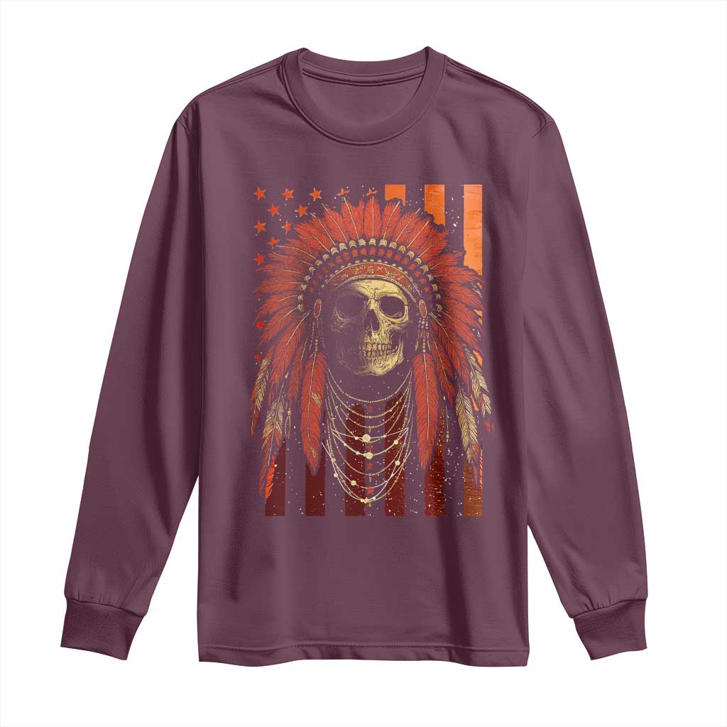 Native American Indian Chief Skull Headdress Vintage USA Flag Long Sleeve Shirt TS11 Maroon Print Your Wear
