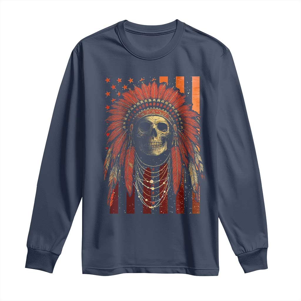 Native American Indian Chief Skull Headdress Vintage USA Flag Long Sleeve Shirt TS11 Navy Print Your Wear