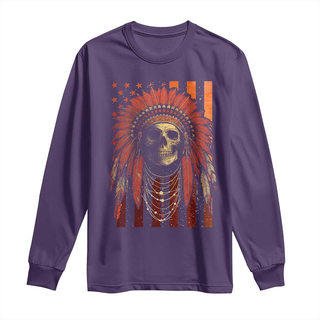 Native American Indian Chief Skull Headdress Vintage USA Flag Long Sleeve Shirt TS11 Purple Print Your Wear