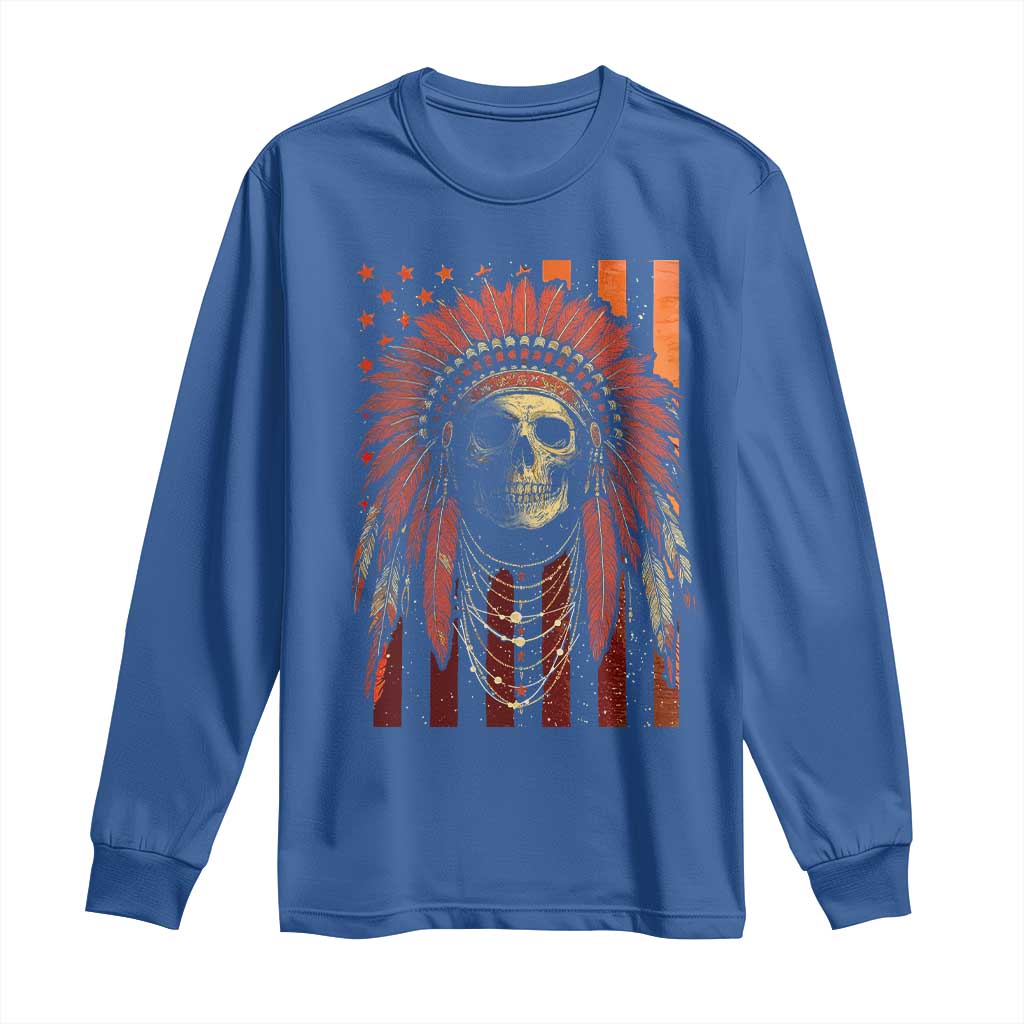 Native American Indian Chief Skull Headdress Vintage USA Flag Long Sleeve Shirt TS11 Royal Blue Print Your Wear