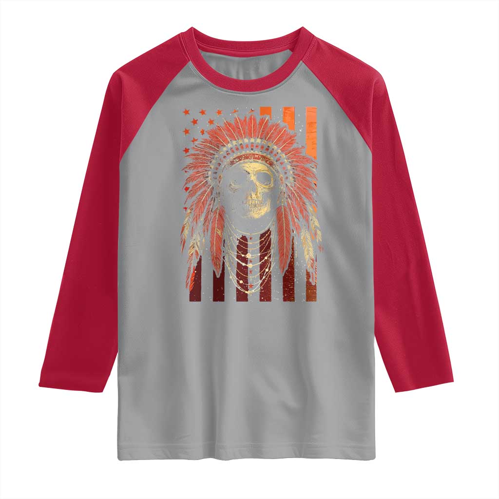 Native American Indian Chief Skull Headdress Vintage USA Flag Raglan Shirt TS11 Sport Gray Red Print Your Wear