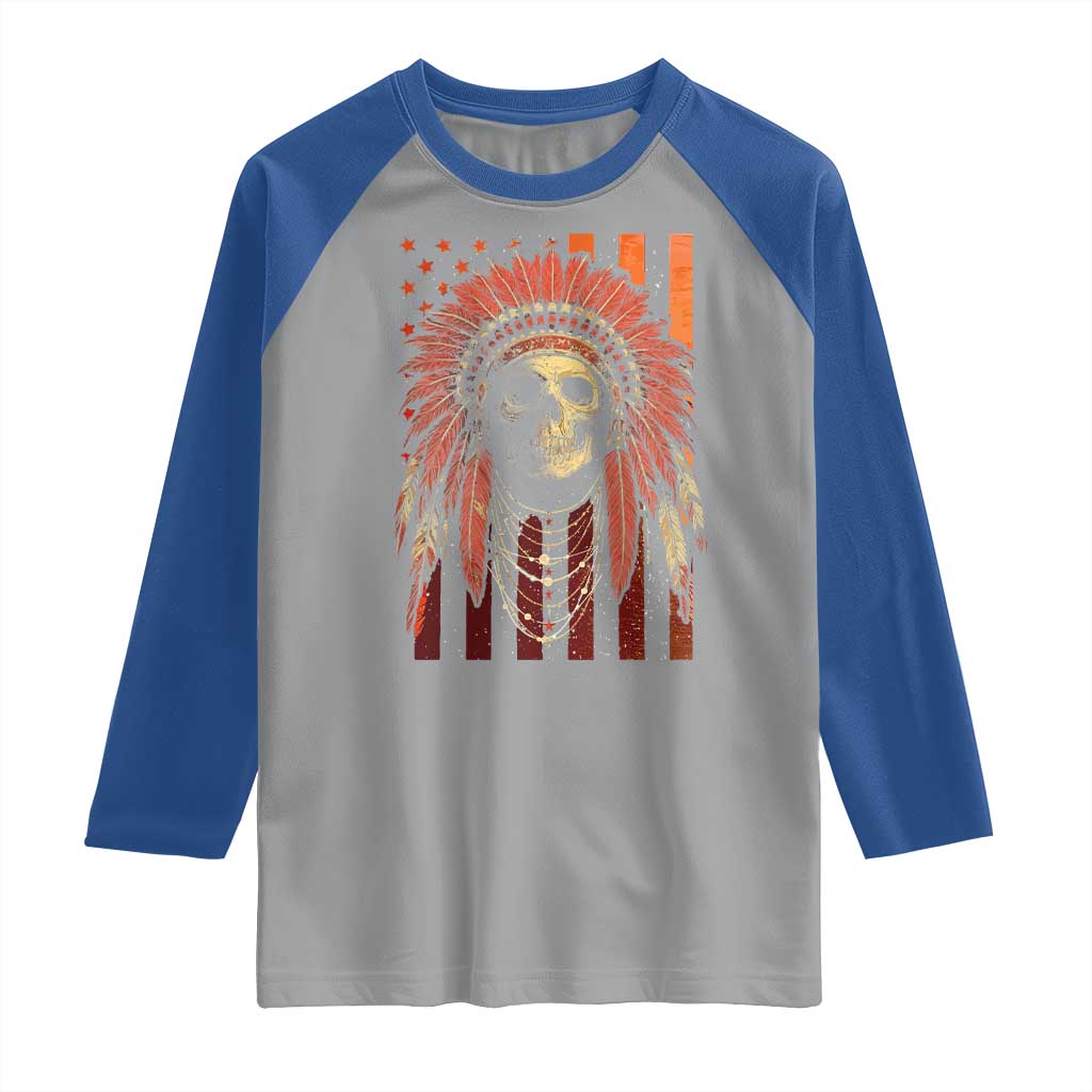 Native American Indian Chief Skull Headdress Vintage USA Flag Raglan Shirt TS11 Sport Gray Royal Print Your Wear