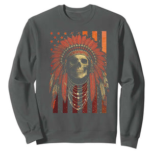 Native American Indian Chief Skull Headdress Vintage USA Flag Sweatshirt TS11 Dark Heather Print Your Wear