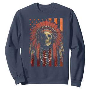 Native American Indian Chief Skull Headdress Vintage USA Flag Sweatshirt TS11 Navy Print Your Wear