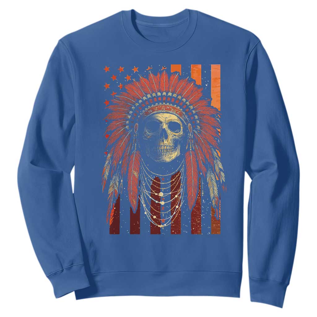 Native American Indian Chief Skull Headdress Vintage USA Flag Sweatshirt TS11 Royal Blue Print Your Wear