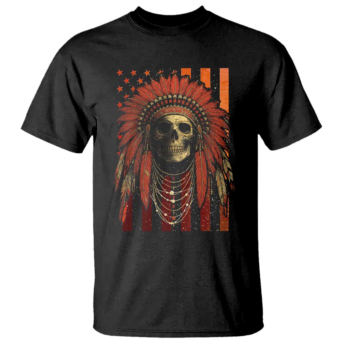 Native American Indian Chief Skull Headdress Vintage USA Flag T Shirt TS11 Black Print Your Wear