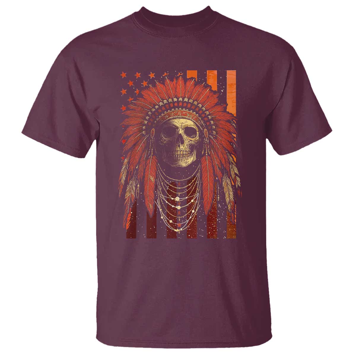 Native American Indian Chief Skull Headdress Vintage USA Flag T Shirt TS11 Maroon Print Your Wear