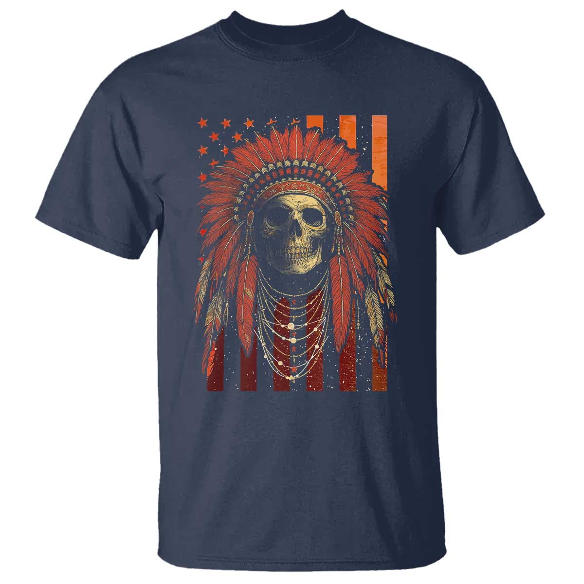 Native American Indian Chief Skull Headdress Vintage USA Flag T Shirt TS11 Navy Print Your Wear
