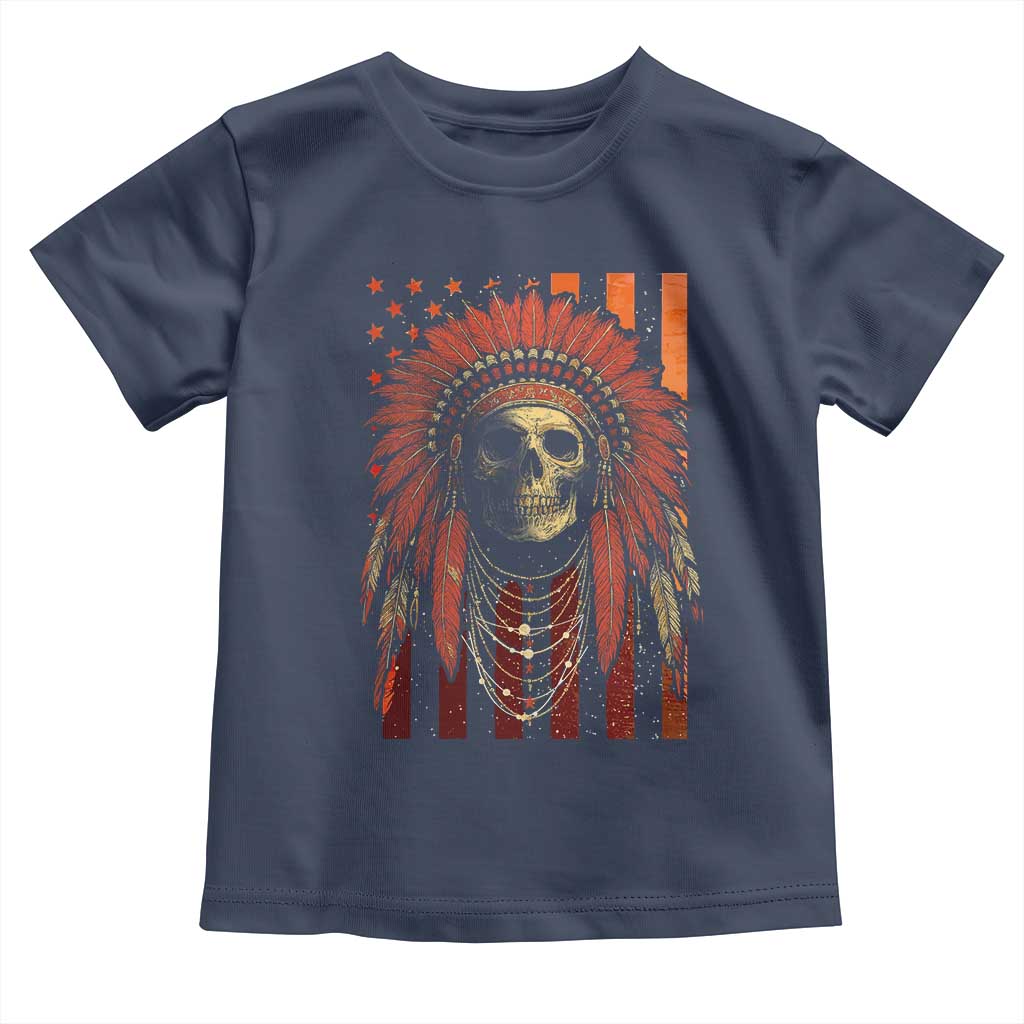 Native American Indian Chief Skull Headdress Vintage USA Flag Toddler T Shirt TS11 Navy Print Your Wear