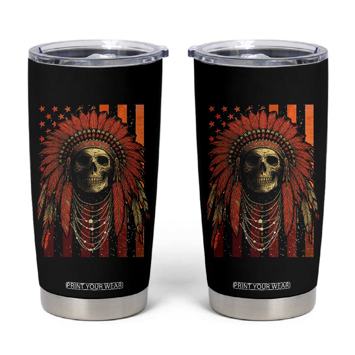 Native American Indian Chief Skull Headdress Vintage USA Flag Tumbler Cup TS11 Black Print Your Wear