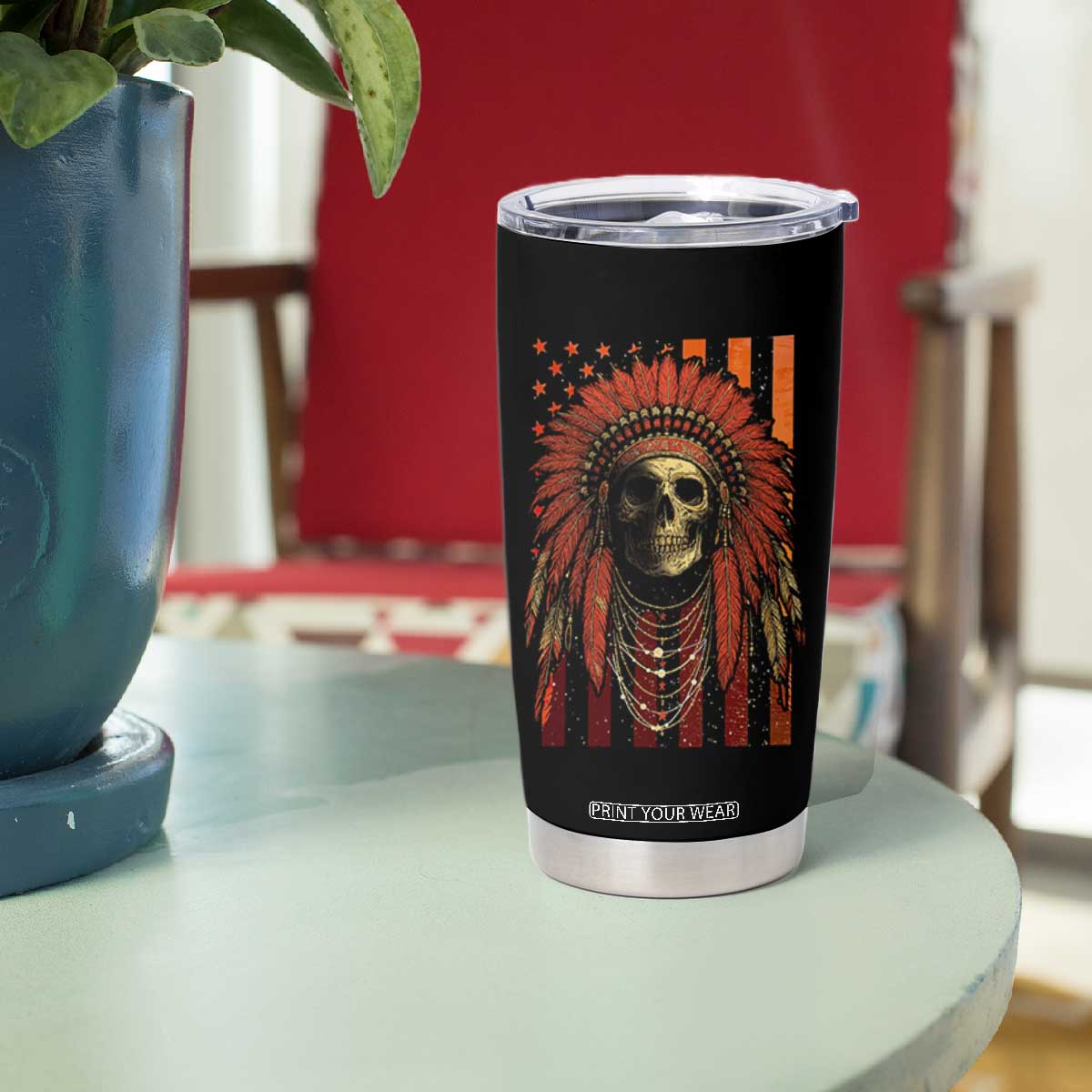 Native American Indian Chief Skull Headdress Vintage USA Flag Tumbler Cup TS11 Print Your Wear