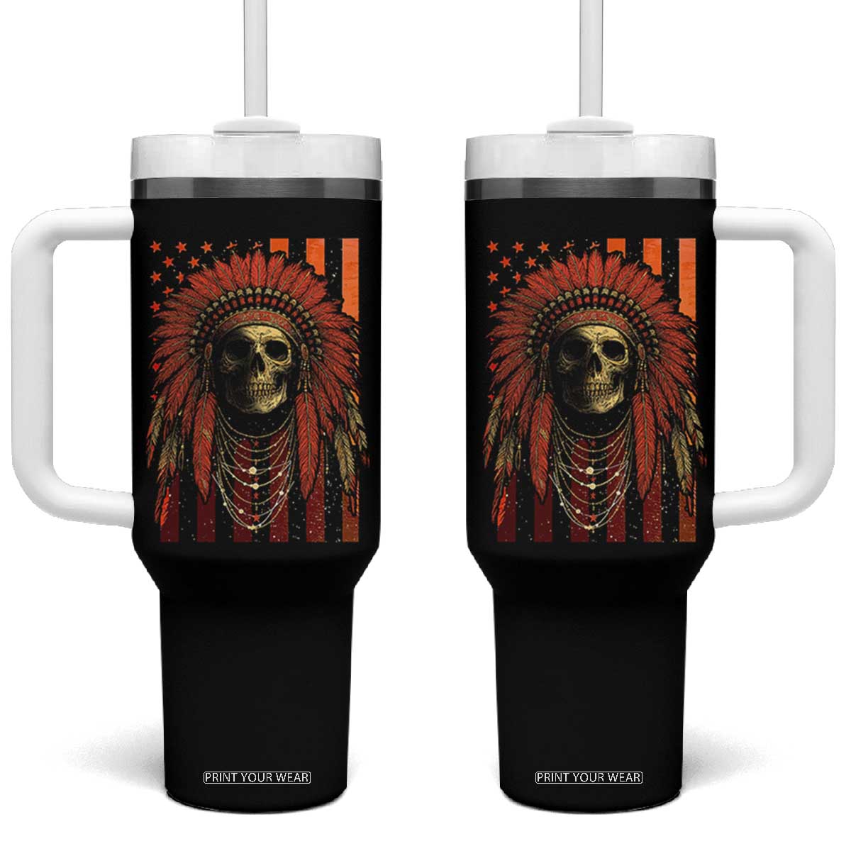 Native American Indian Chief Skull Headdress Vintage USA Flag Tumbler With Handle TS11 One Size: 40 oz Black Print Your Wear