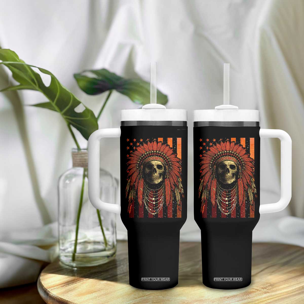 Native American Indian Chief Skull Headdress Vintage USA Flag Tumbler With Handle TS11 Print Your Wear