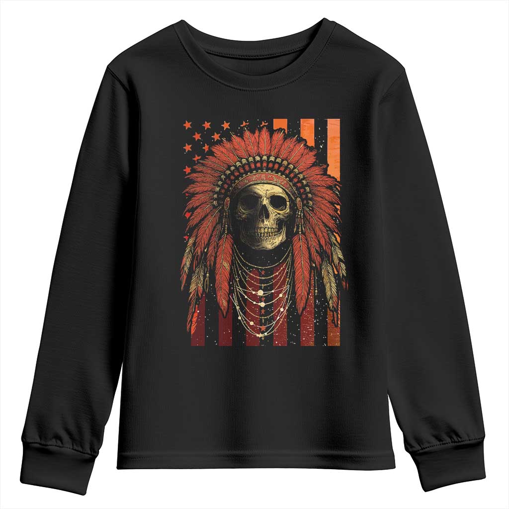 Native American Indian Chief Skull Headdress Vintage USA Flag Youth Sweatshirt TS11 Black Print Your Wear