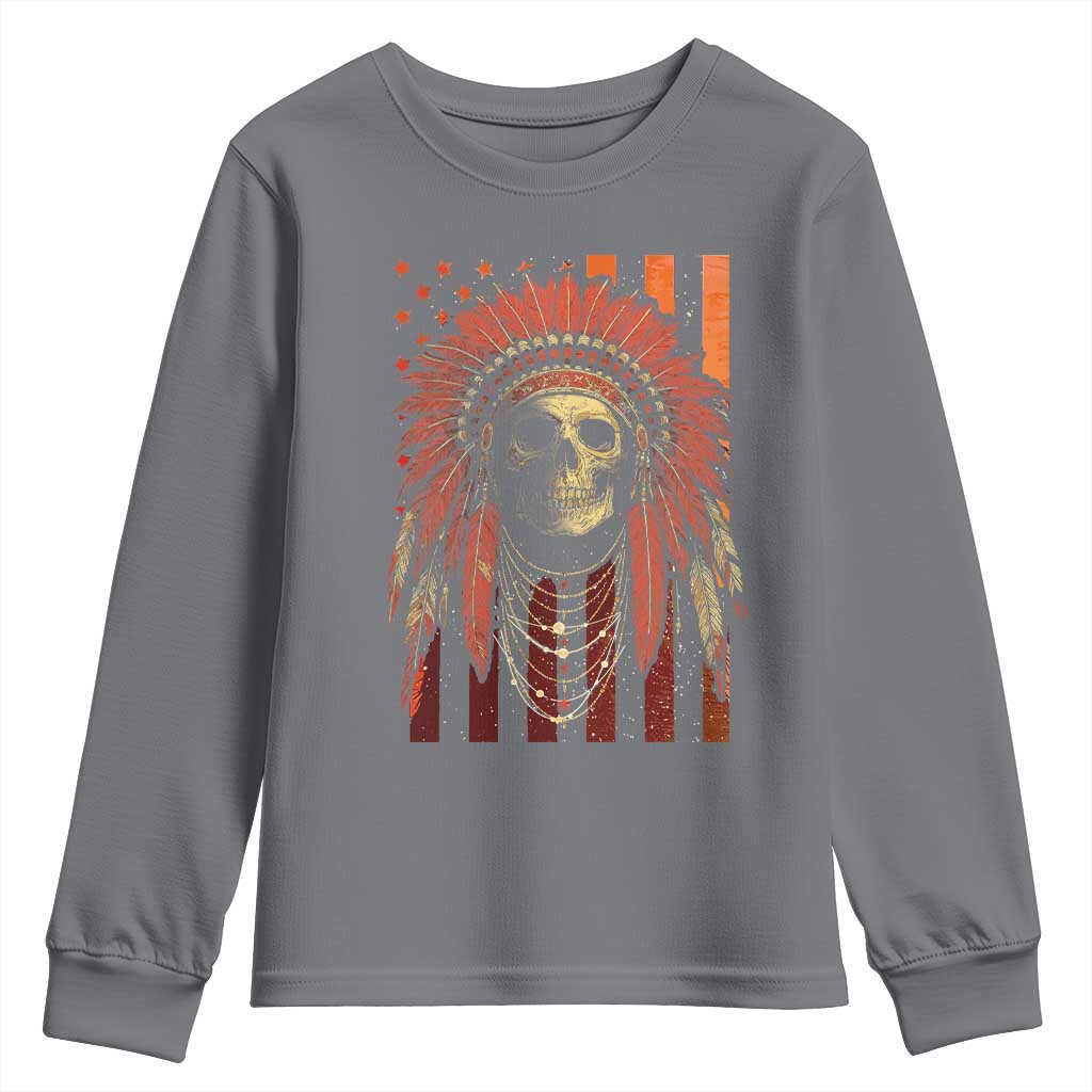 Native American Indian Chief Skull Headdress Vintage USA Flag Youth Sweatshirt TS11 Charcoal Print Your Wear