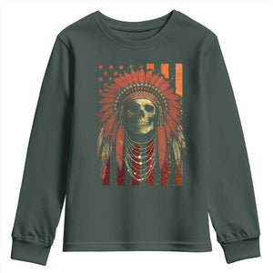 Native American Indian Chief Skull Headdress Vintage USA Flag Youth Sweatshirt TS11 Dark Forest Green Print Your Wear