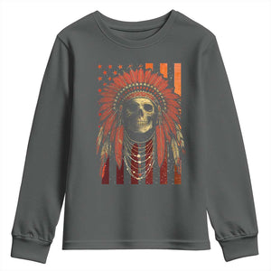 Native American Indian Chief Skull Headdress Vintage USA Flag Youth Sweatshirt TS11 Dark Heather Print Your Wear