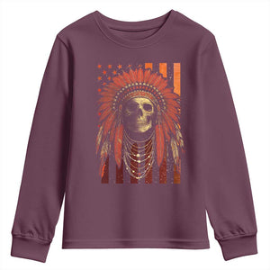 Native American Indian Chief Skull Headdress Vintage USA Flag Youth Sweatshirt TS11 Maroon Print Your Wear