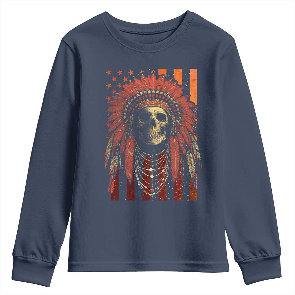 Native American Indian Chief Skull Headdress Vintage USA Flag Youth Sweatshirt TS11 Navy Print Your Wear
