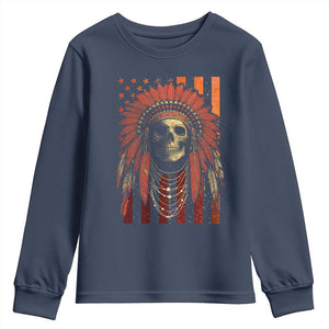 Native American Indian Chief Skull Headdress Vintage USA Flag Youth Sweatshirt TS11 Navy Print Your Wear