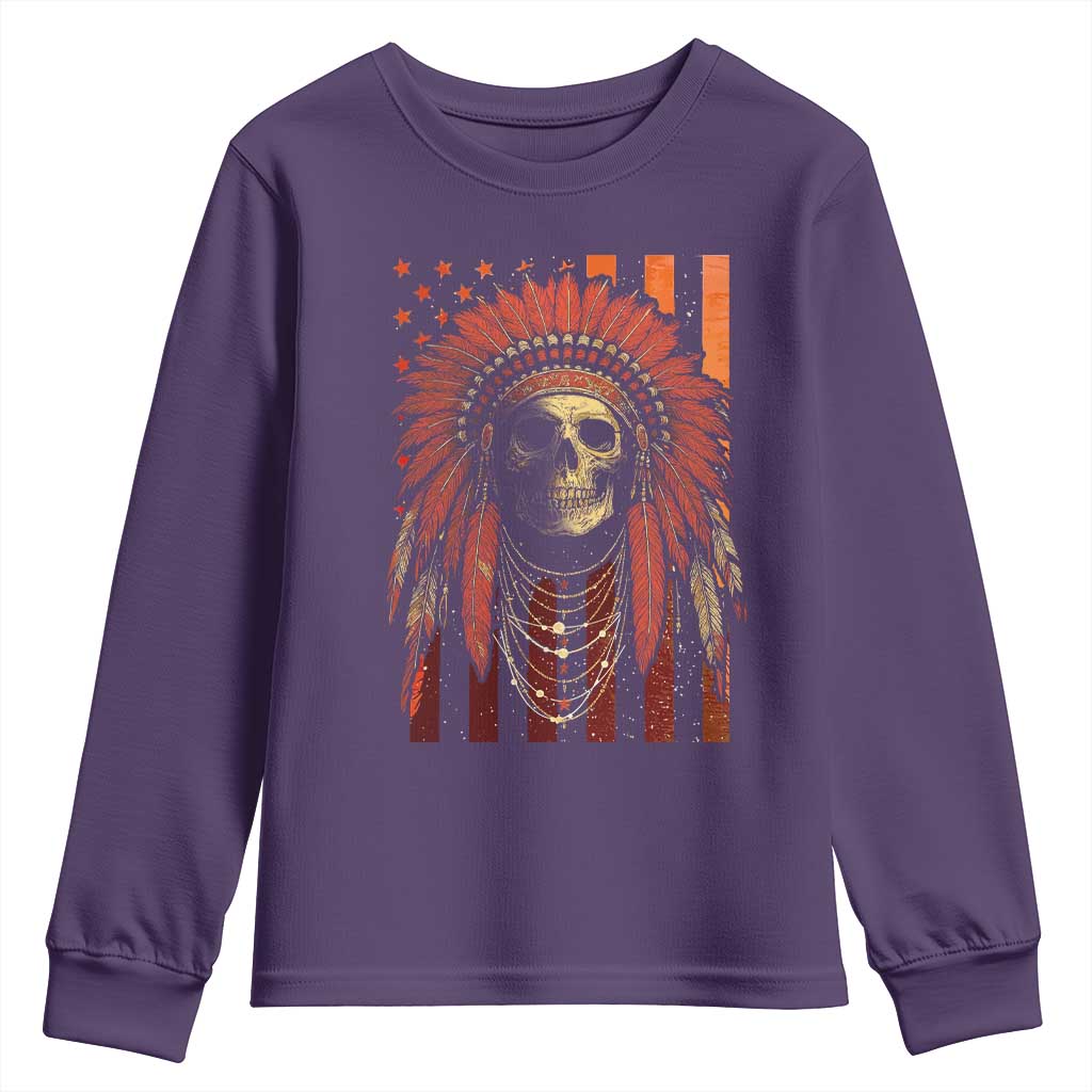 Native American Indian Chief Skull Headdress Vintage USA Flag Youth Sweatshirt TS11 Purple Print Your Wear