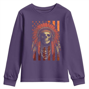 Native American Indian Chief Skull Headdress Vintage USA Flag Youth Sweatshirt TS11 Purple Print Your Wear