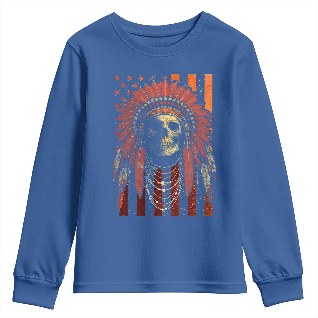 Native American Indian Chief Skull Headdress Vintage USA Flag Youth Sweatshirt TS11 Royal Blue Print Your Wear