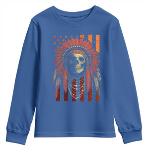 Native American Indian Chief Skull Headdress Vintage USA Flag Youth Sweatshirt TS11 Royal Blue Print Your Wear