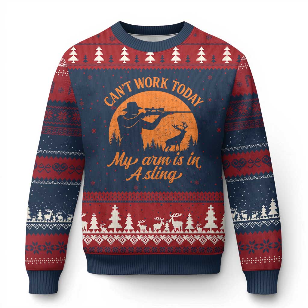 Cant Work Today My Arm Is In A Sling Ugly Christmas Sweater Funny Deer Hunting TS11 Navy Red Print Your Wear