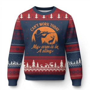 Cant Work Today My Arm Is In A Sling Ugly Christmas Sweater Funny Deer Hunting TS11 Navy Red Print Your Wear