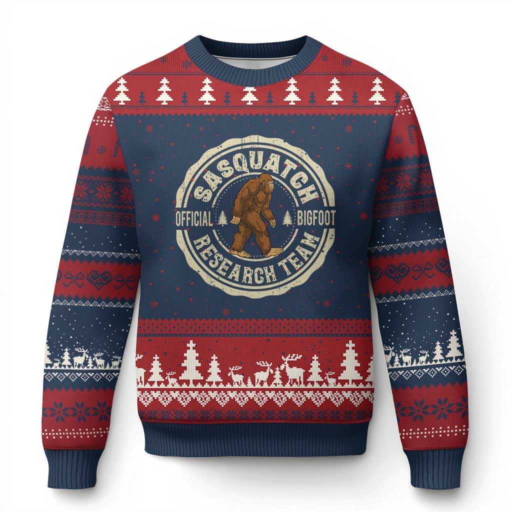 Funny Bigfoot Research Team Ugly Christmas Sweater Retro Official Sasquatch Forest Stroll - Print Your Wear